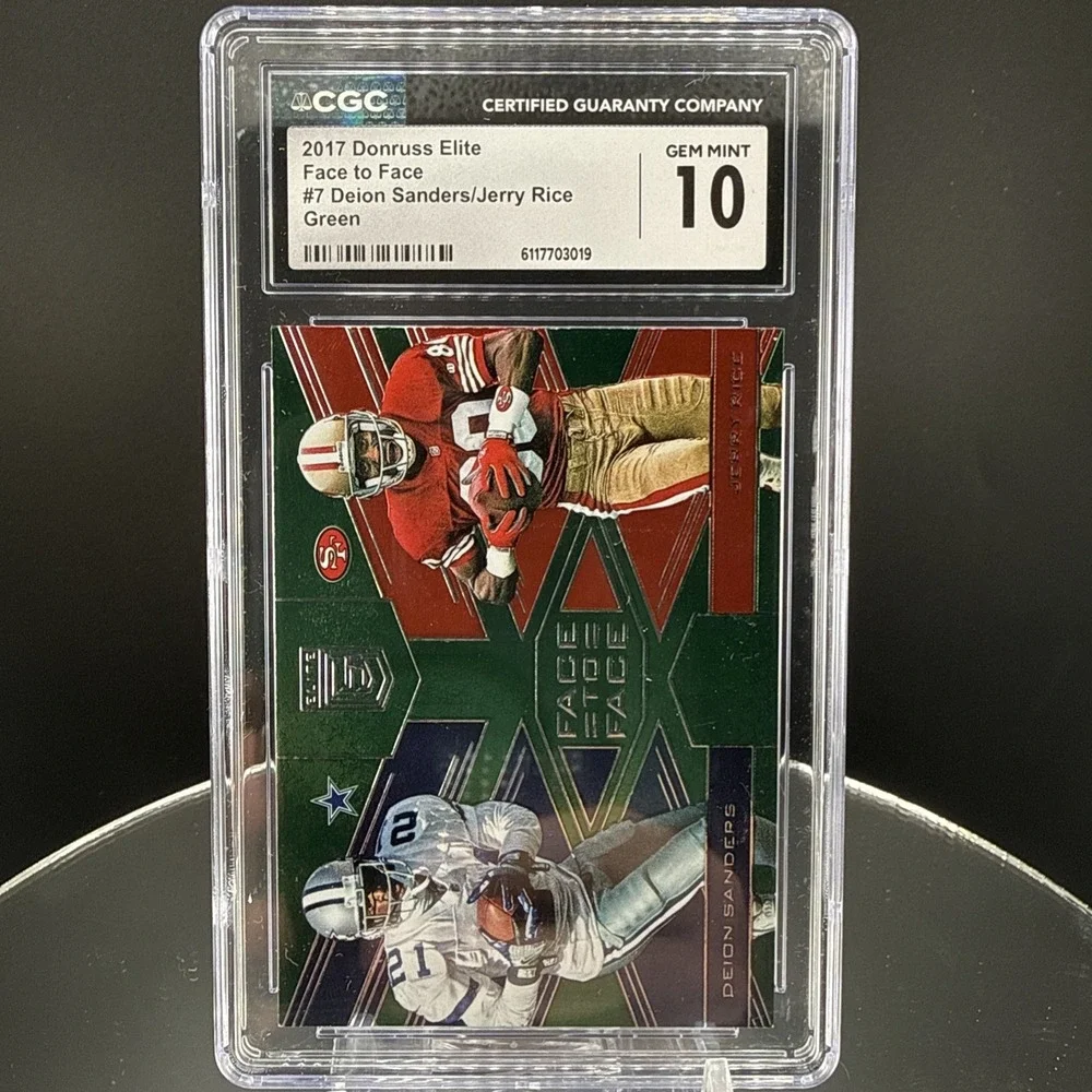 2017 Donruss Elite Deion Sanders Jerry Rice Face to Face Green #7 Card CGC 10